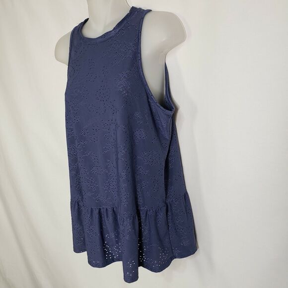 W5 Womens Top Small Blue Knit Eyelet Peplum Hem Crew Neck Sleeveless Loose Fit - Picture 4 of 8